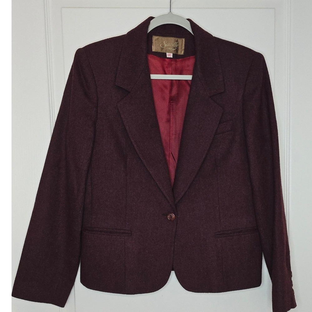 Saville Vintage Burgundy Wool Blend Single Button Blazer Jacket Womens Size 14